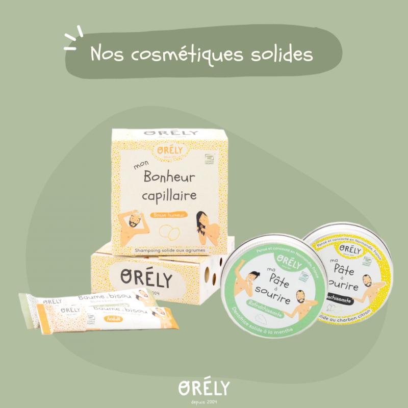 Gamme de cosmétiques solides ORÉLY, produits fabriqués en Normandie